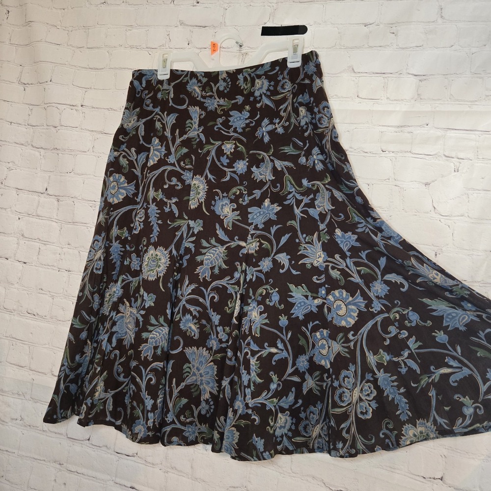 Jones New York 100% cotton brown blue floral midi skirt lined sz m preppy easter